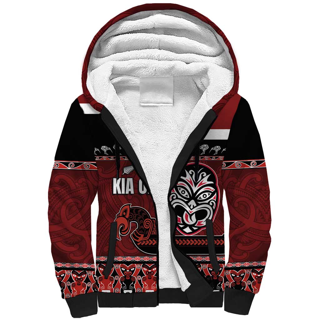 New Zealand Culture Sherpa Hoodie Kia Ora Aotearoa Moko Tattoo Mask with Waka and Maori Art Pattern LT03 Unisex Red - Polynesian Pride