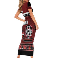New Zealand Culture Short Sleeve Bodycon Dress Kia Ora Aotearoa Moko Tattoo Mask with Waka and Maori Art Pattern LT03 - Polynesian Pride