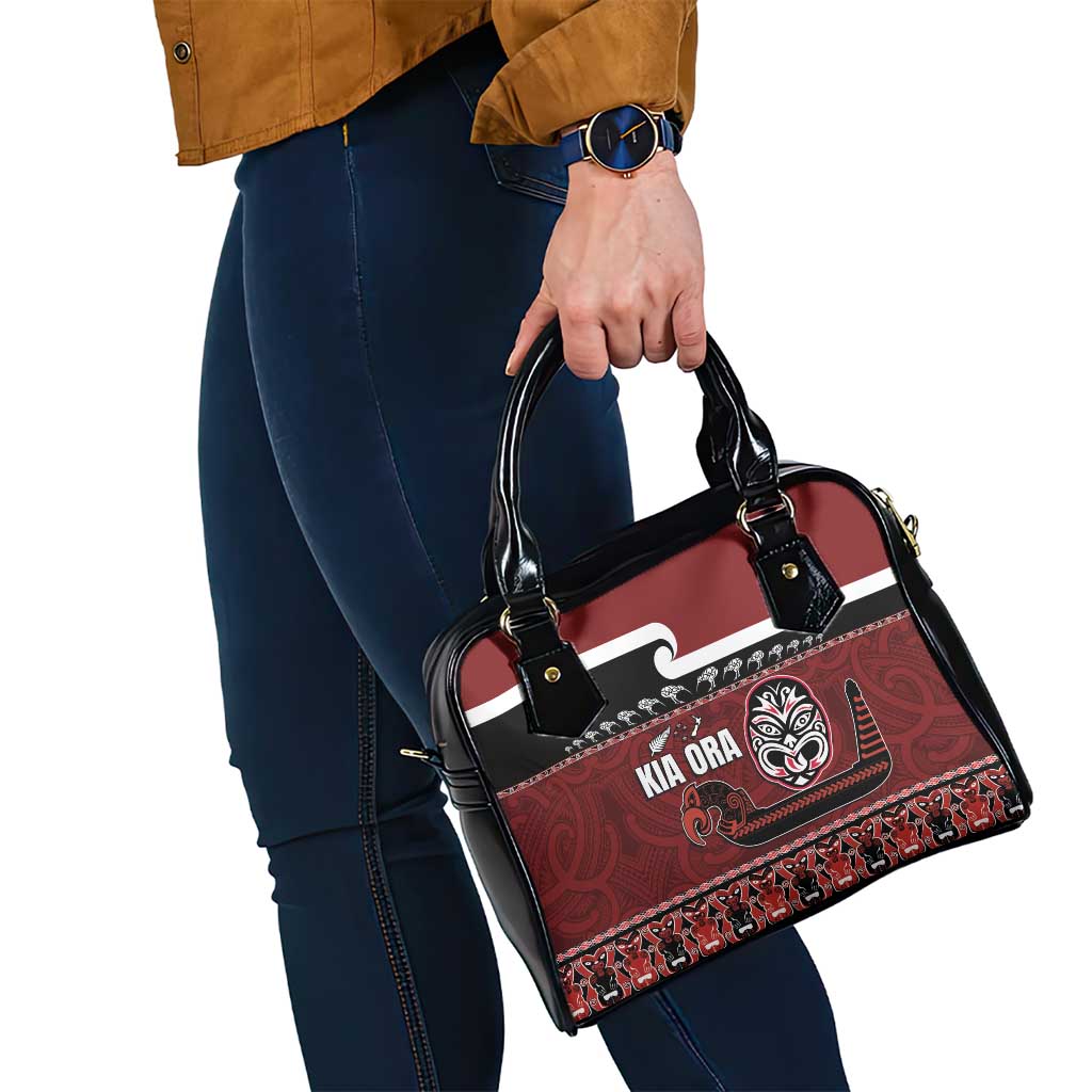 New Zealand Culture Shoulder Handbag Kia Ora Aotearoa Moko Tattoo Mask with Waka and Maori Art Pattern