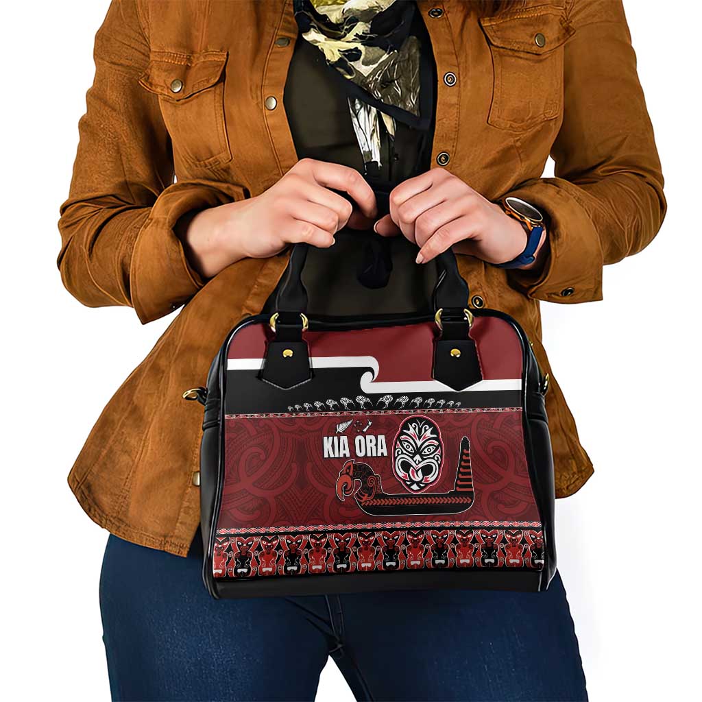 New Zealand Culture Shoulder Handbag Kia Ora Aotearoa Moko Tattoo Mask with Waka and Maori Art Pattern