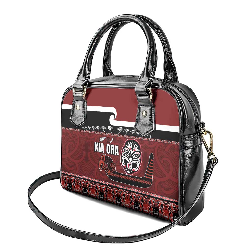 New Zealand Culture Shoulder Handbag Kia Ora Aotearoa Moko Tattoo Mask with Waka and Maori Art Pattern