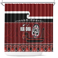 New Zealand Culture Shower Curtain Kia Ora Aotearoa Moko Tattoo Mask with Waka and Maori Art Pattern LT03 Red - Polynesian Pride