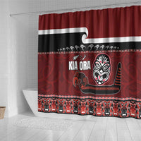 New Zealand Culture Shower Curtain Kia Ora Aotearoa Moko Tattoo Mask with Waka and Maori Art Pattern LT03 - Polynesian Pride