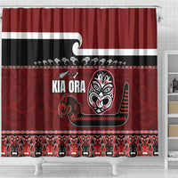 New Zealand Culture Shower Curtain Kia Ora Aotearoa Moko Tattoo Mask with Waka and Maori Art Pattern LT03 - Polynesian Pride