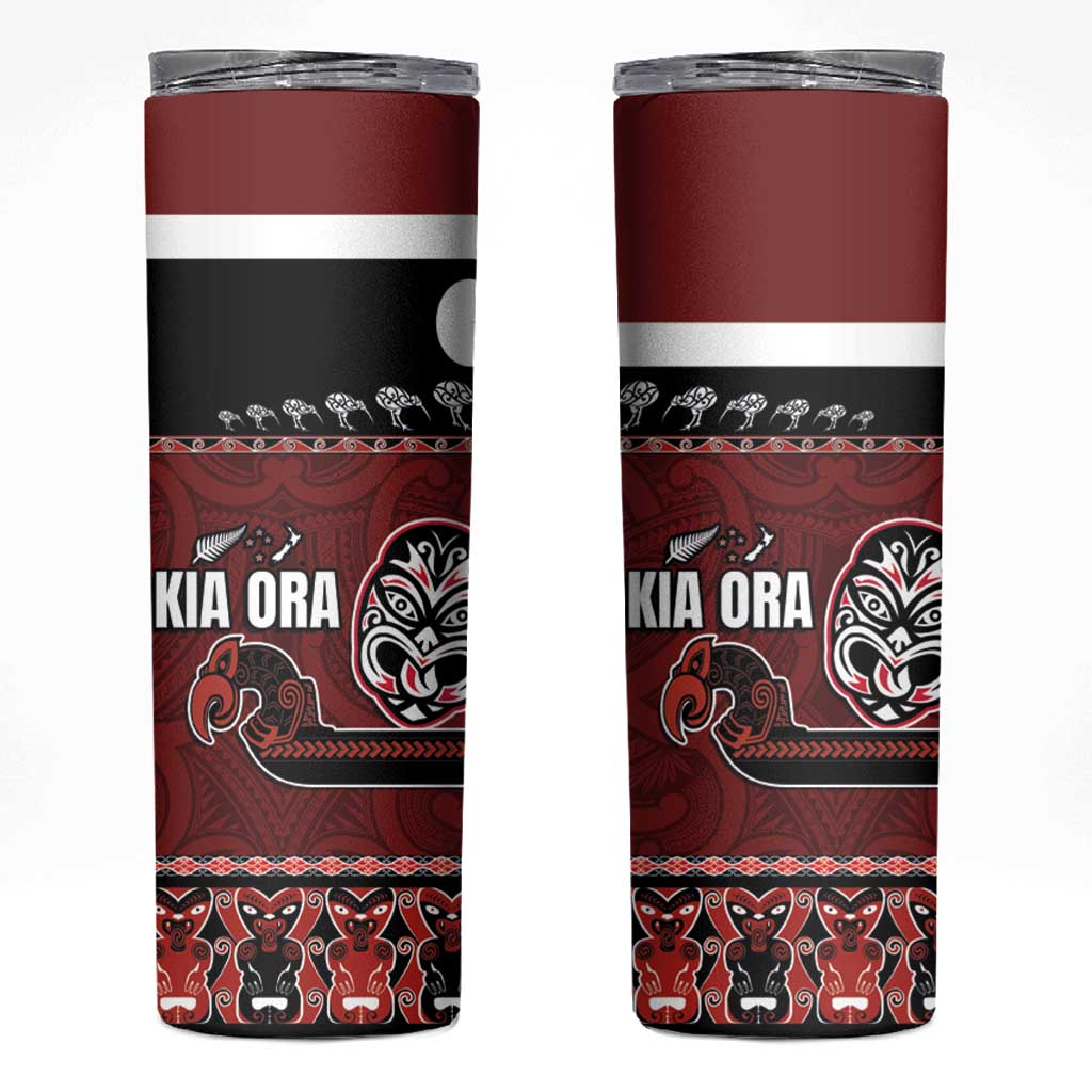 New Zealand Culture Skinny Tumbler Kia Ora Aotearoa Moko Tattoo Mask with Waka and Maori Art Pattern LT03 Red - Polynesian Pride