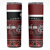 New Zealand Culture Skinny Tumbler Kia Ora Aotearoa Moko Tattoo Mask with Waka and Maori Art Pattern LT03 Red - Polynesian Pride