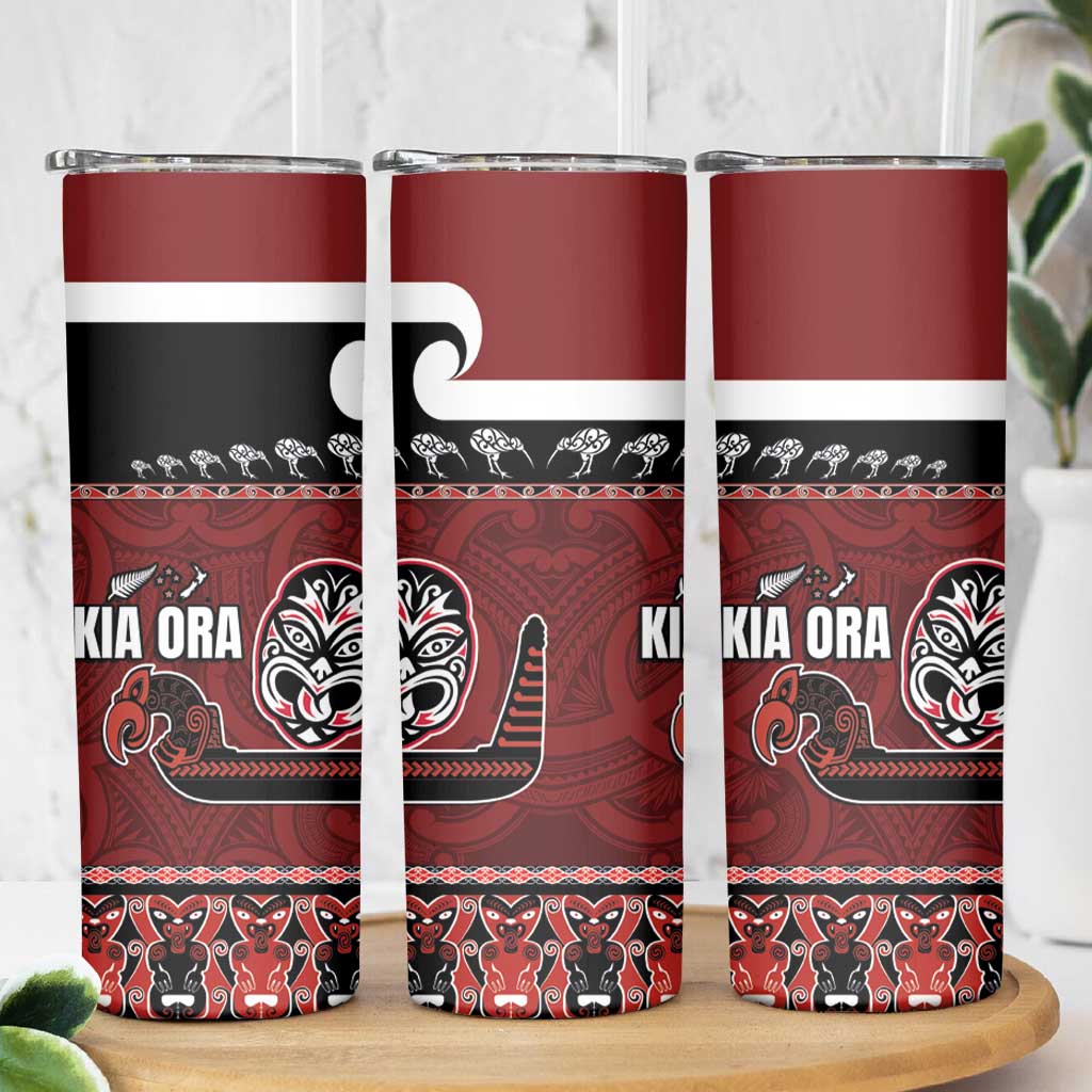 New Zealand Culture Skinny Tumbler Kia Ora Aotearoa Moko Tattoo Mask with Waka and Maori Art Pattern LT03 - Polynesian Pride
