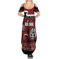 New Zealand Culture Summer Maxi Dress Kia Ora Aotearoa Moko Tattoo Mask with Waka and Maori Art Pattern LT03 - Polynesian Pride