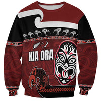 New Zealand Culture Sweatshirt Kia Ora Aotearoa Moko Tattoo Mask with Waka and Maori Art Pattern