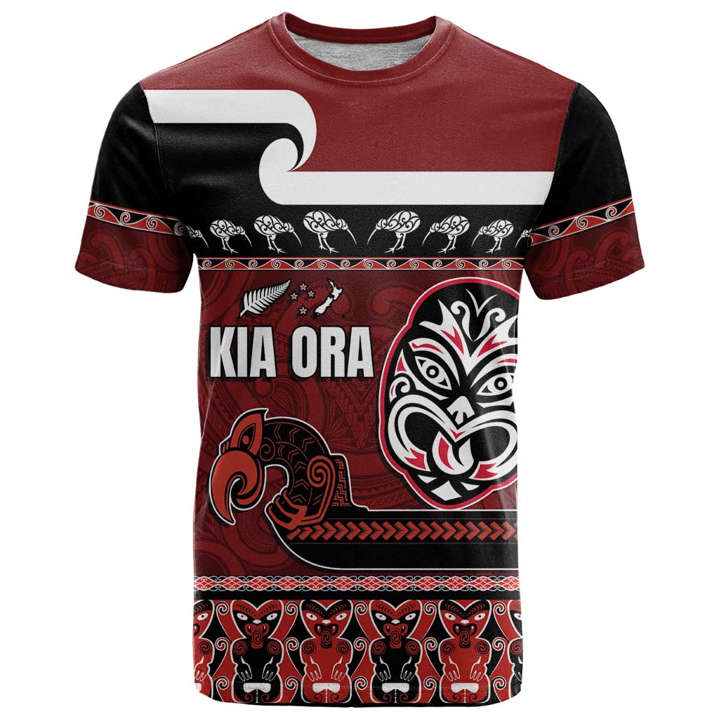 New Zealand Culture T Shirt Kia Ora Aotearoa Moko Tattoo Mask with Waka and Maori Art Pattern