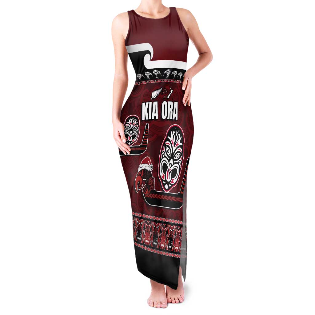 New Zealand Culture Tank Maxi Dress Kia Ora Aotearoa Moko Tattoo Mask with Waka and Maori Art Pattern LT03 Women Red - Polynesian Pride