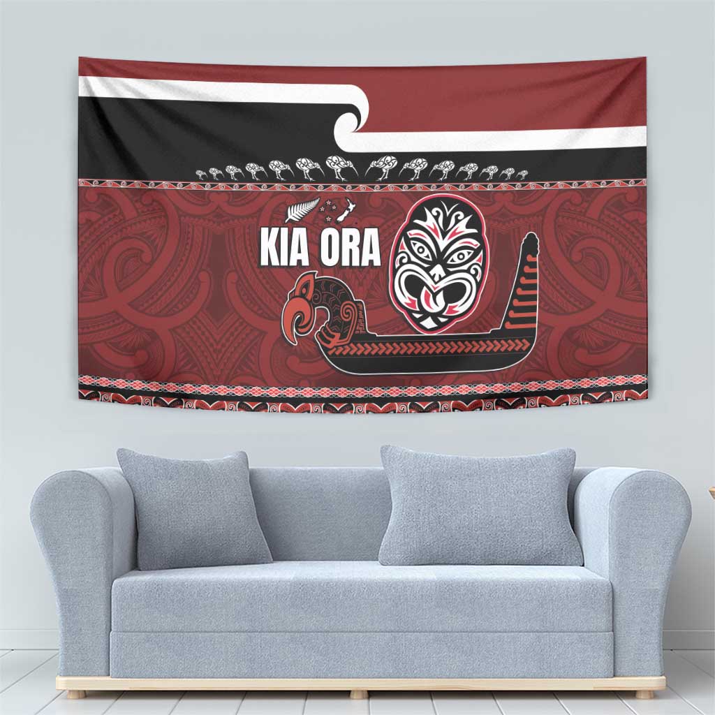 New Zealand Culture Tapestry Kia Ora Aotearoa Moko Tattoo Mask with Waka and Maori Art Pattern