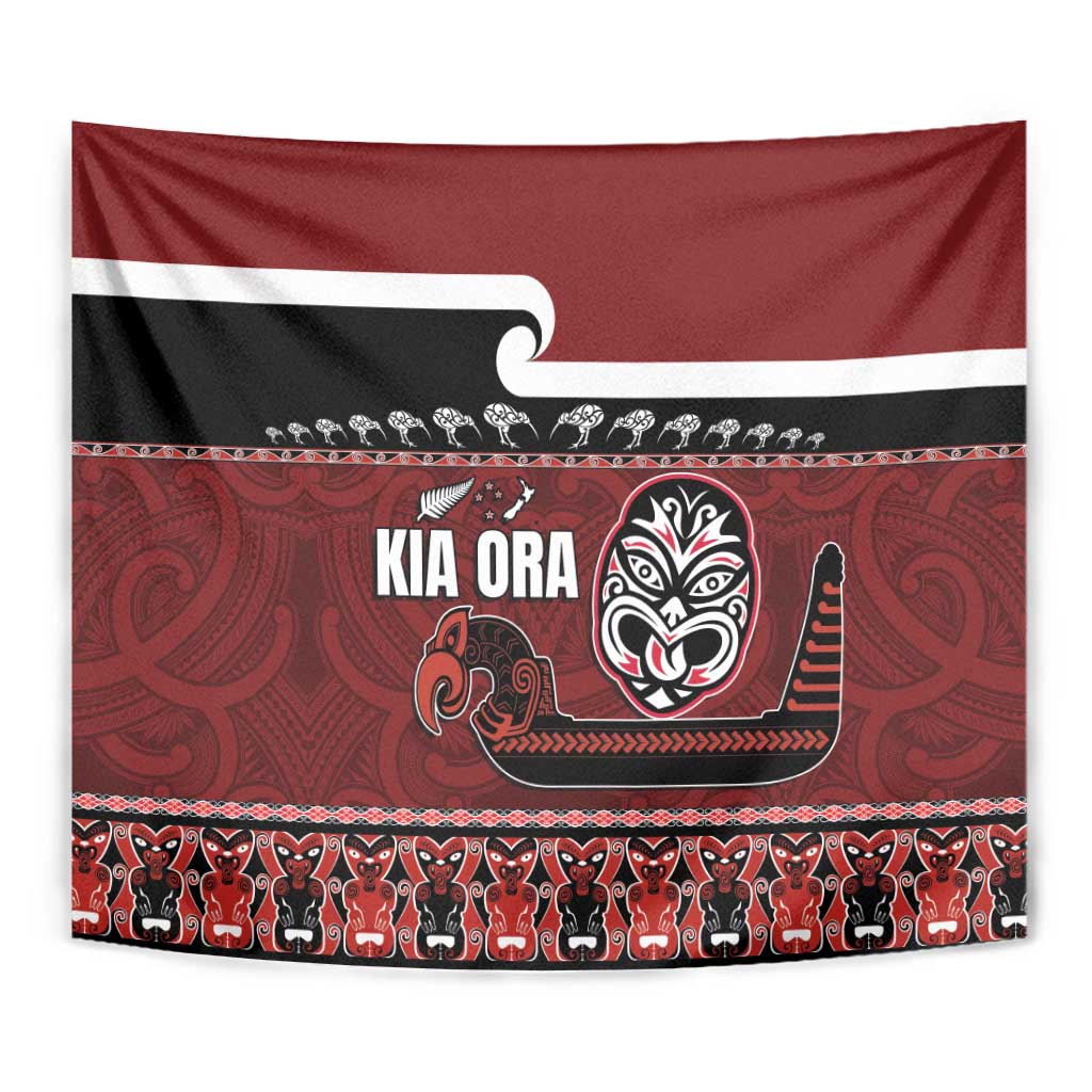 New Zealand Culture Tapestry Kia Ora Aotearoa Moko Tattoo Mask with Waka and Maori Art Pattern