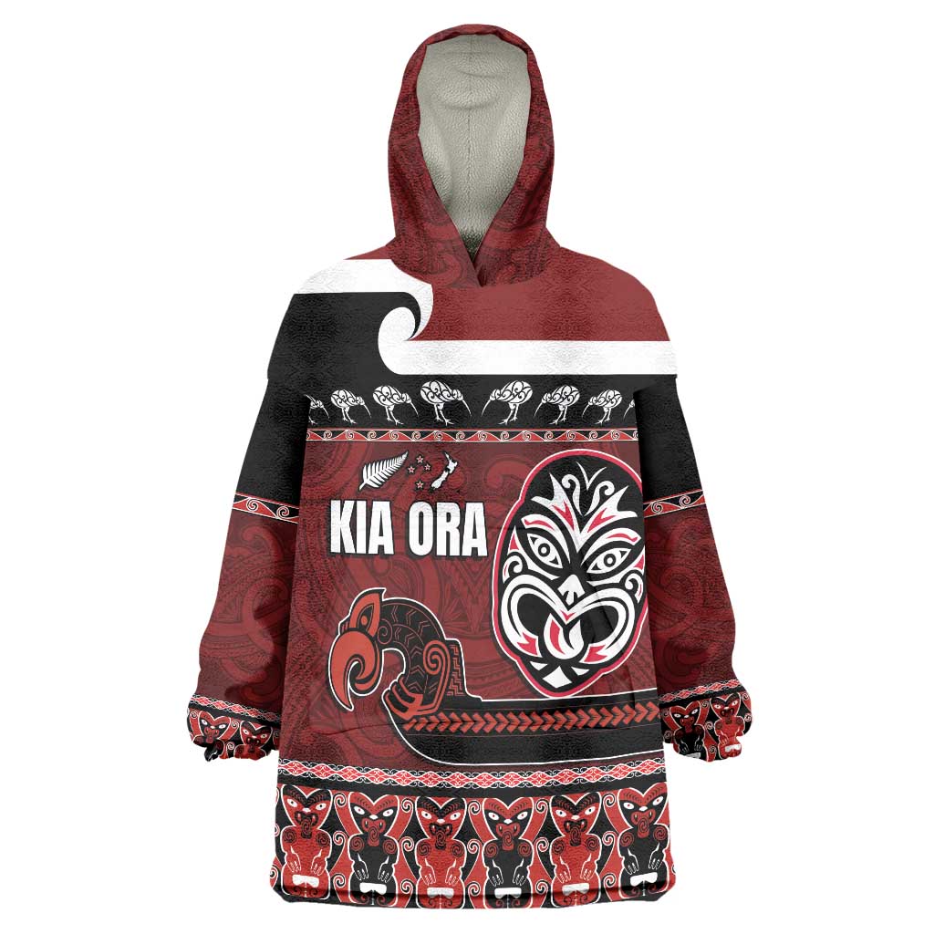 New Zealand Culture Wearable Blanket Hoodie Kia Ora Aotearoa Moko Tattoo Mask with Waka and Maori Art Pattern LT03 One Size Red - Polynesian Pride