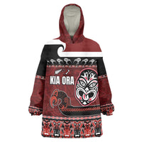 New Zealand Culture Wearable Blanket Hoodie Kia Ora Aotearoa Moko Tattoo Mask with Waka and Maori Art Pattern LT03 One Size Red - Polynesian Pride