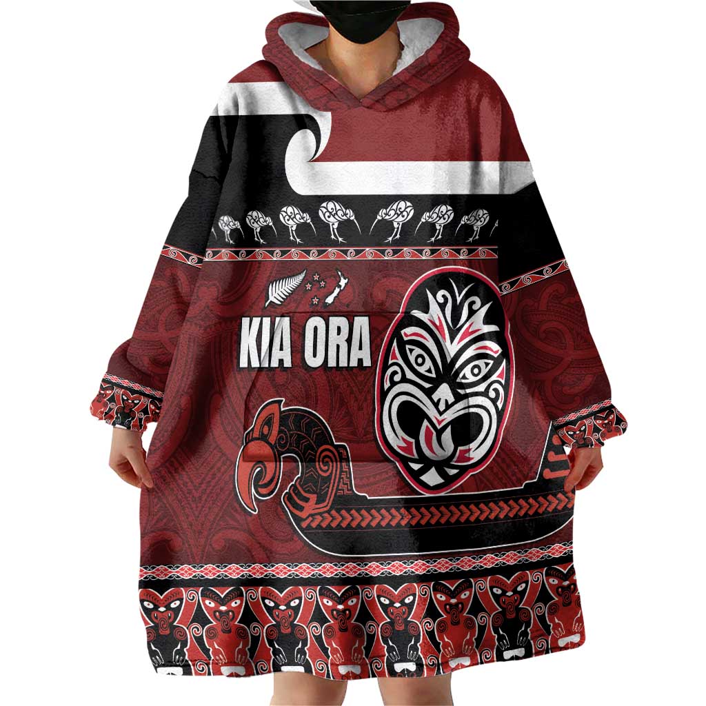 New Zealand Culture Wearable Blanket Hoodie Kia Ora Aotearoa Moko Tattoo Mask with Waka and Maori Art Pattern LT03 - Polynesian Pride