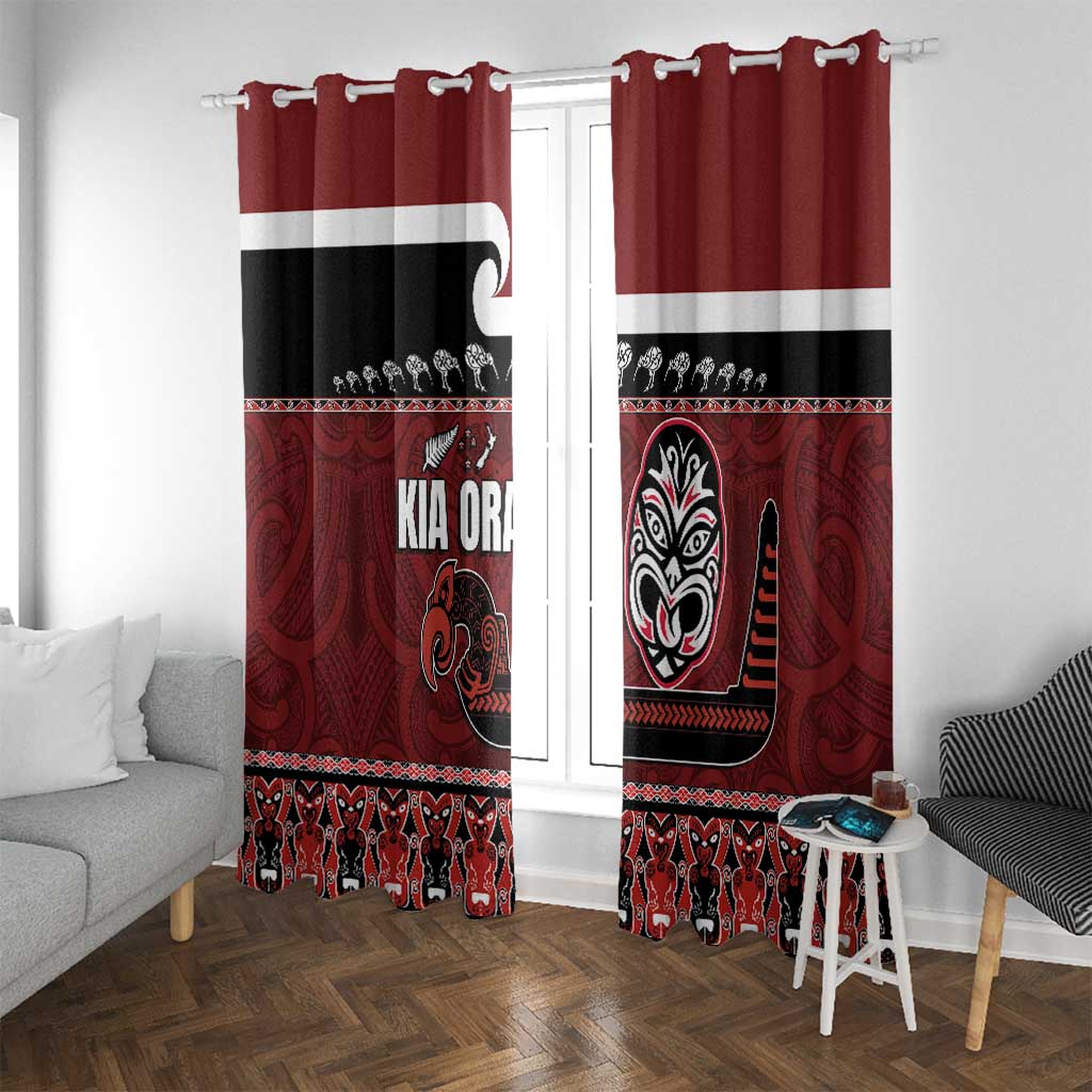 New Zealand Culture Window Curtain Kia Ora Aotearoa Moko Tattoo Mask with Waka and Maori Art Pattern LT03 With Grommets Red - Polynesian Pride