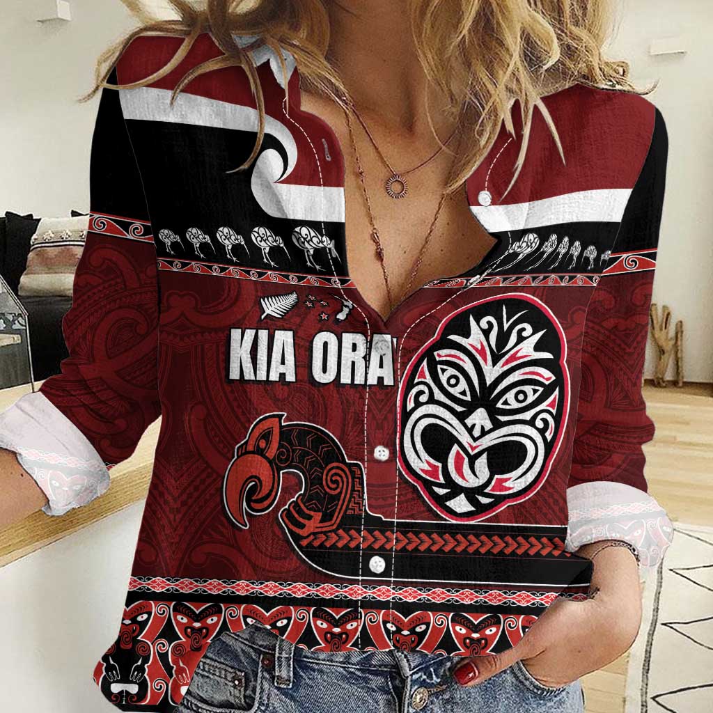 New Zealand Culture Women Casual Shirt Kia Ora Aotearoa Moko Tattoo Mask with Waka and Maori Art Pattern LT03 Female Red - Polynesian Pride