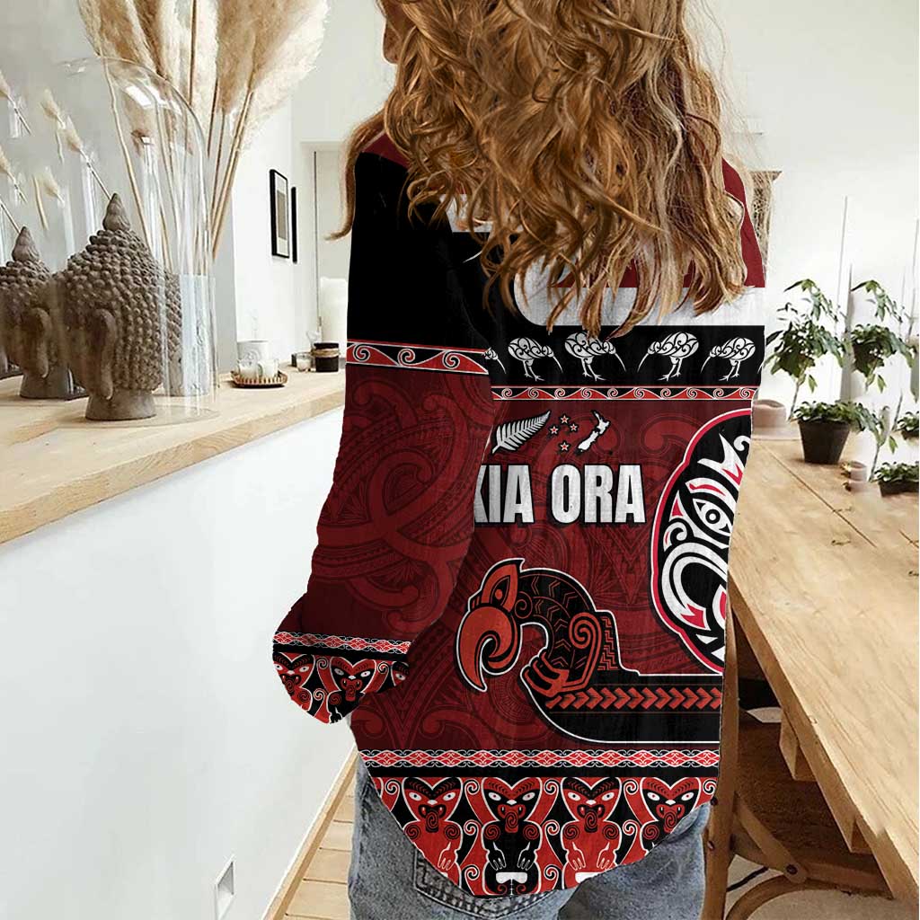New Zealand Culture Women Casual Shirt Kia Ora Aotearoa Moko Tattoo Mask with Waka and Maori Art Pattern LT03 - Polynesian Pride