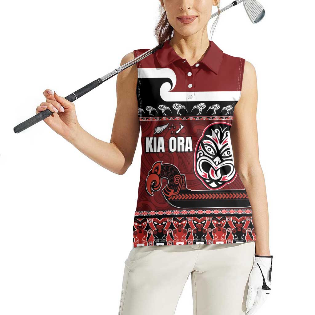 New Zealand Culture Women Sleeveless Polo Shirt Kia Ora Aotearoa Moko Tattoo Mask with Waka and Maori Art Pattern