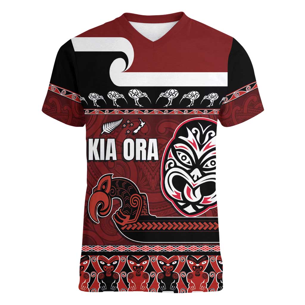 New Zealand Culture Women V-Neck T-Shirt Kia Ora Aotearoa Moko Tattoo Mask with Waka and Maori Art Pattern