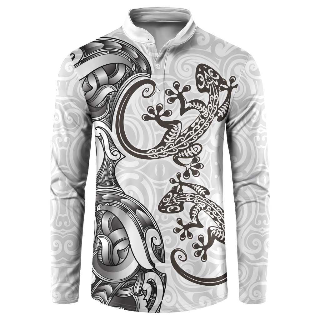 New Zealand Gecko Maori Art Tattoo Button Sweatshirt White Color LT03 White - Polynesian Pride