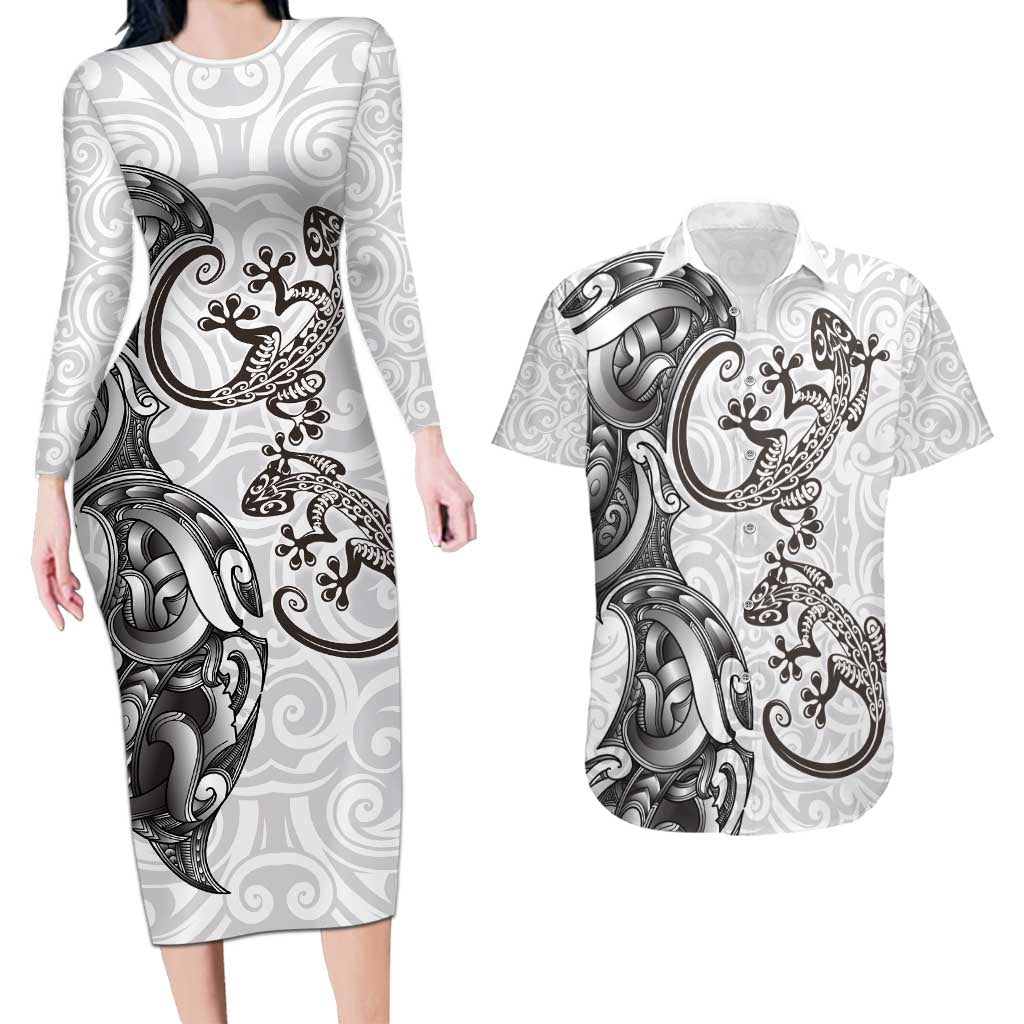 New Zealand Gecko Maori Art Tattoo Couples Matching Long Sleeve Bodycon Dress and Hawaiian Shirt White Color LT03 White - Polynesian Pride
