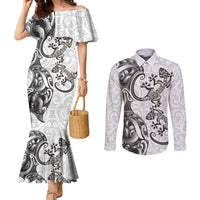 New Zealand Gecko Maori Art Tattoo Couples Matching Mermaid Dress and Long Sleeve Button Shirt White Color LT03 White - Polynesian Pride