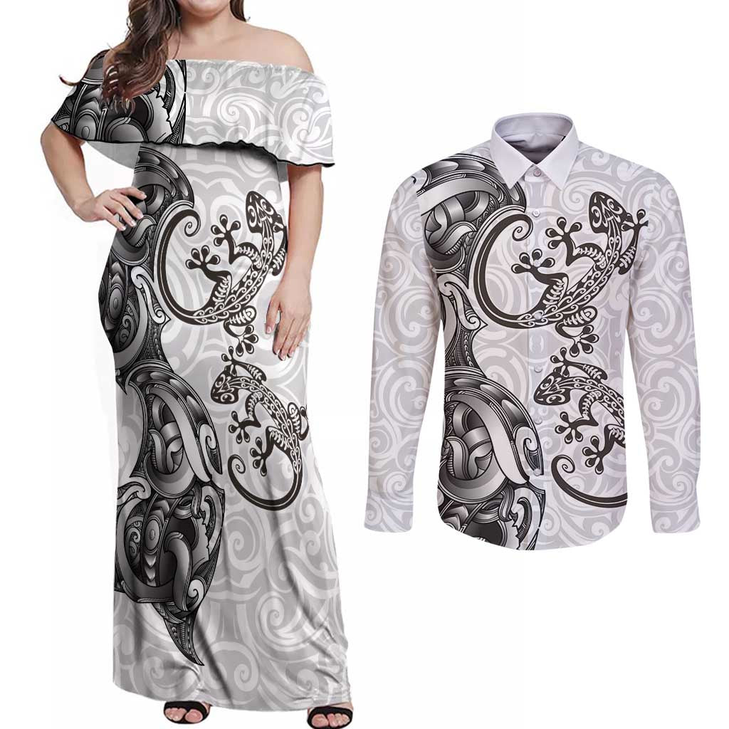 New Zealand Gecko Maori Art Tattoo Couples Matching Off Shoulder Maxi Dress and Long Sleeve Button Shirt White Color LT03 White - Polynesian Pride