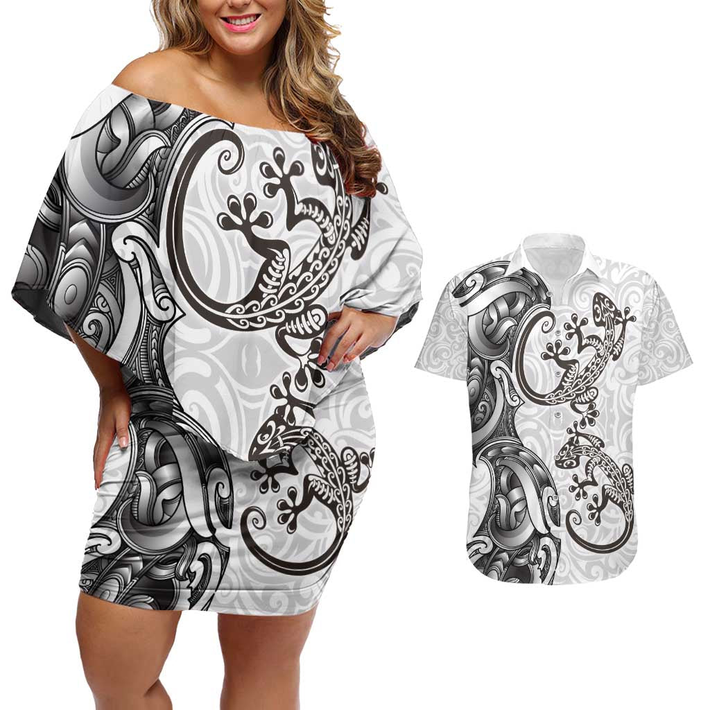 New Zealand Gecko Maori Art Tattoo Couples Matching Off Shoulder Short Dress and Hawaiian Shirt White Color LT03 White - Polynesian Pride