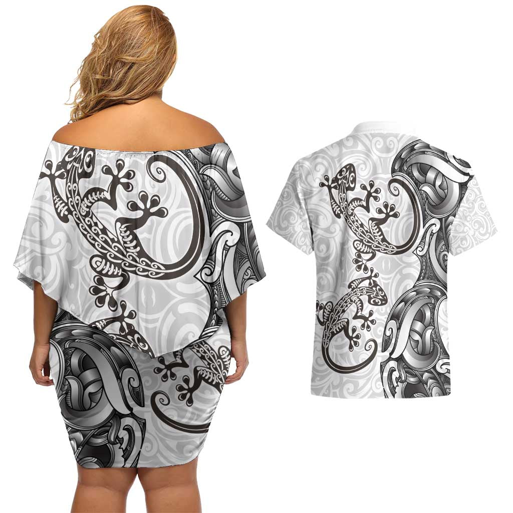 New Zealand Gecko Maori Art Tattoo Couples Matching Off Shoulder Short Dress and Hawaiian Shirt White Color LT03 - Polynesian Pride