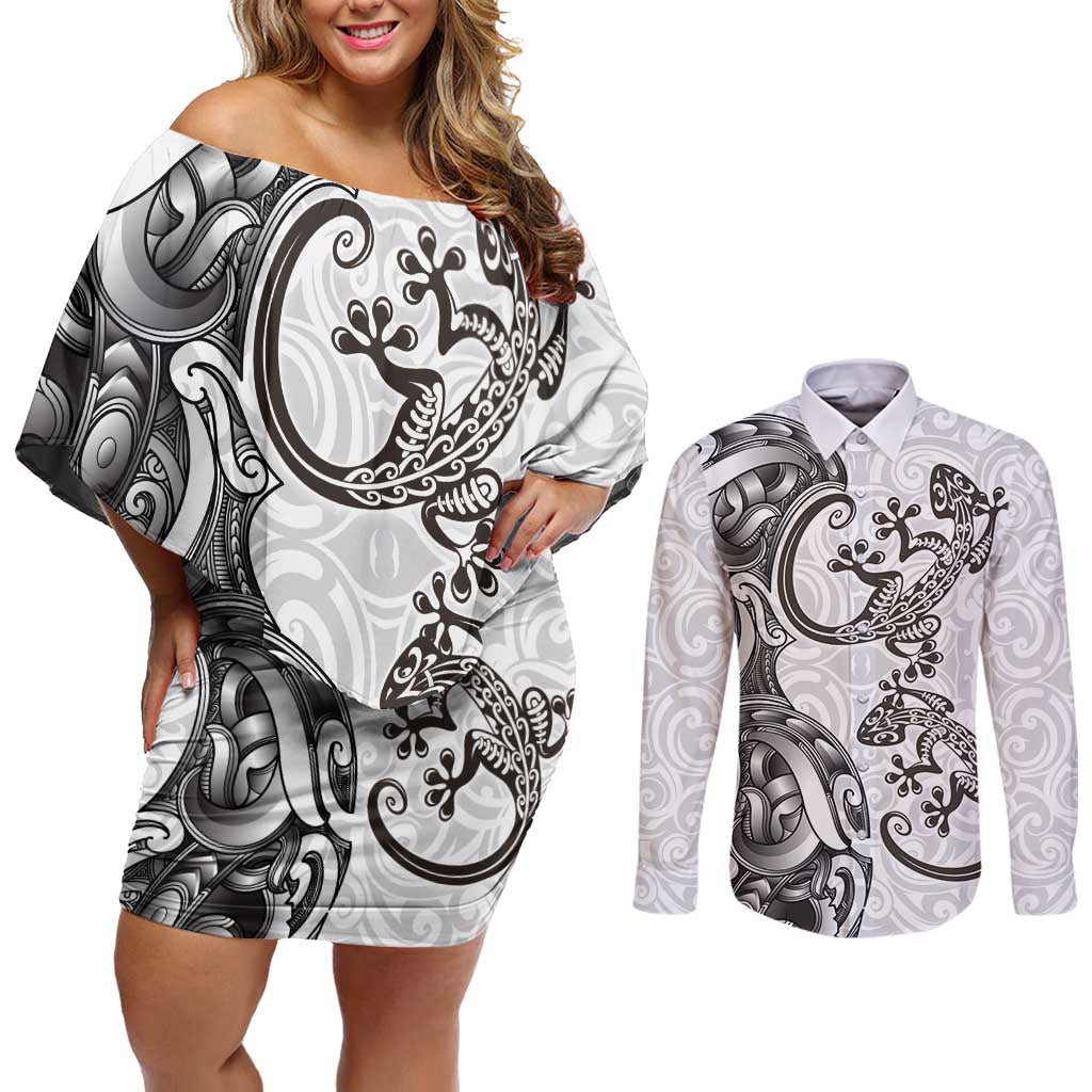 New Zealand Gecko Maori Art Tattoo Couples Matching Off Shoulder Short Dress and Long Sleeve Button Shirt White Color LT03 White - Polynesian Pride