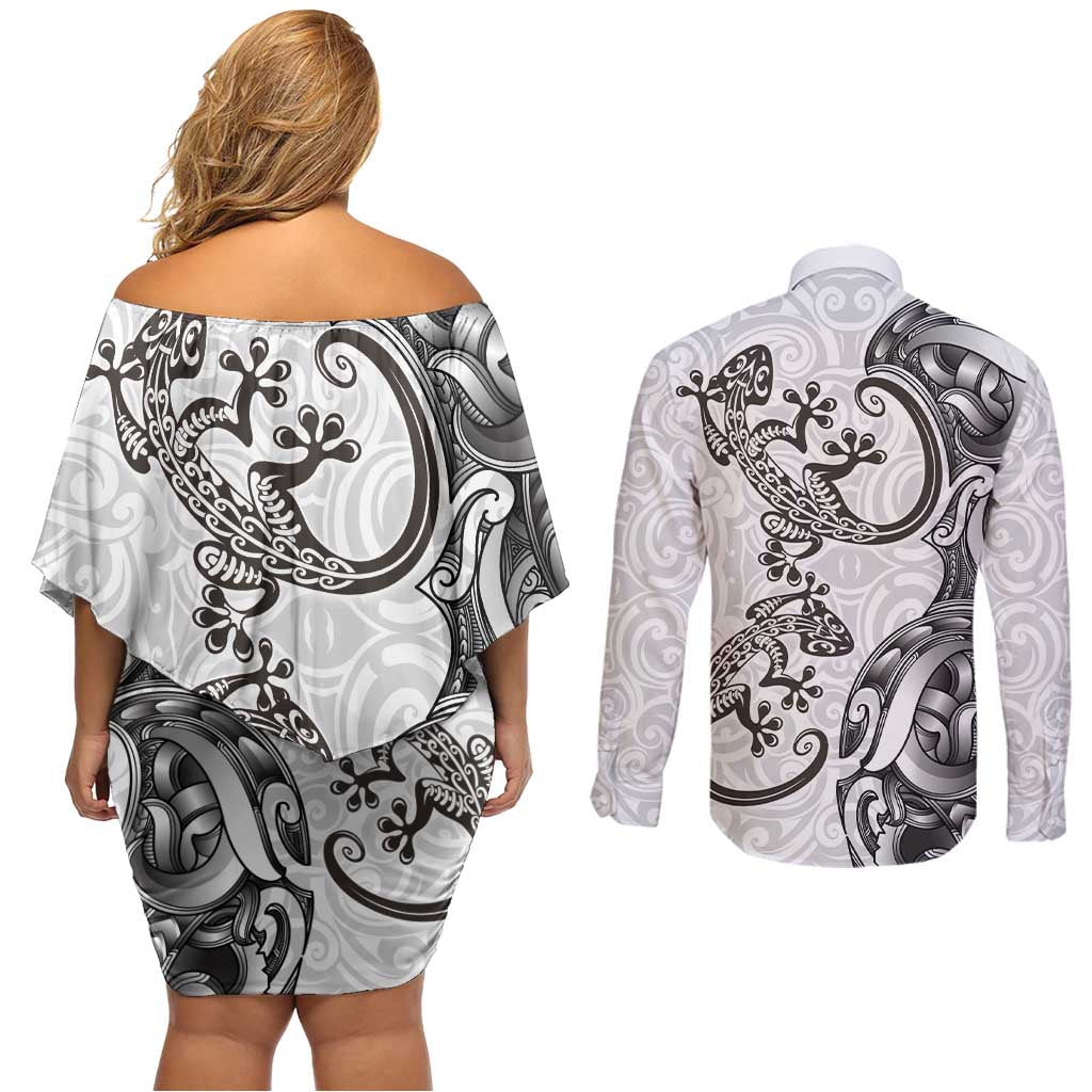 New Zealand Gecko Maori Art Tattoo Couples Matching Off Shoulder Short Dress and Long Sleeve Button Shirt White Color LT03 - Polynesian Pride