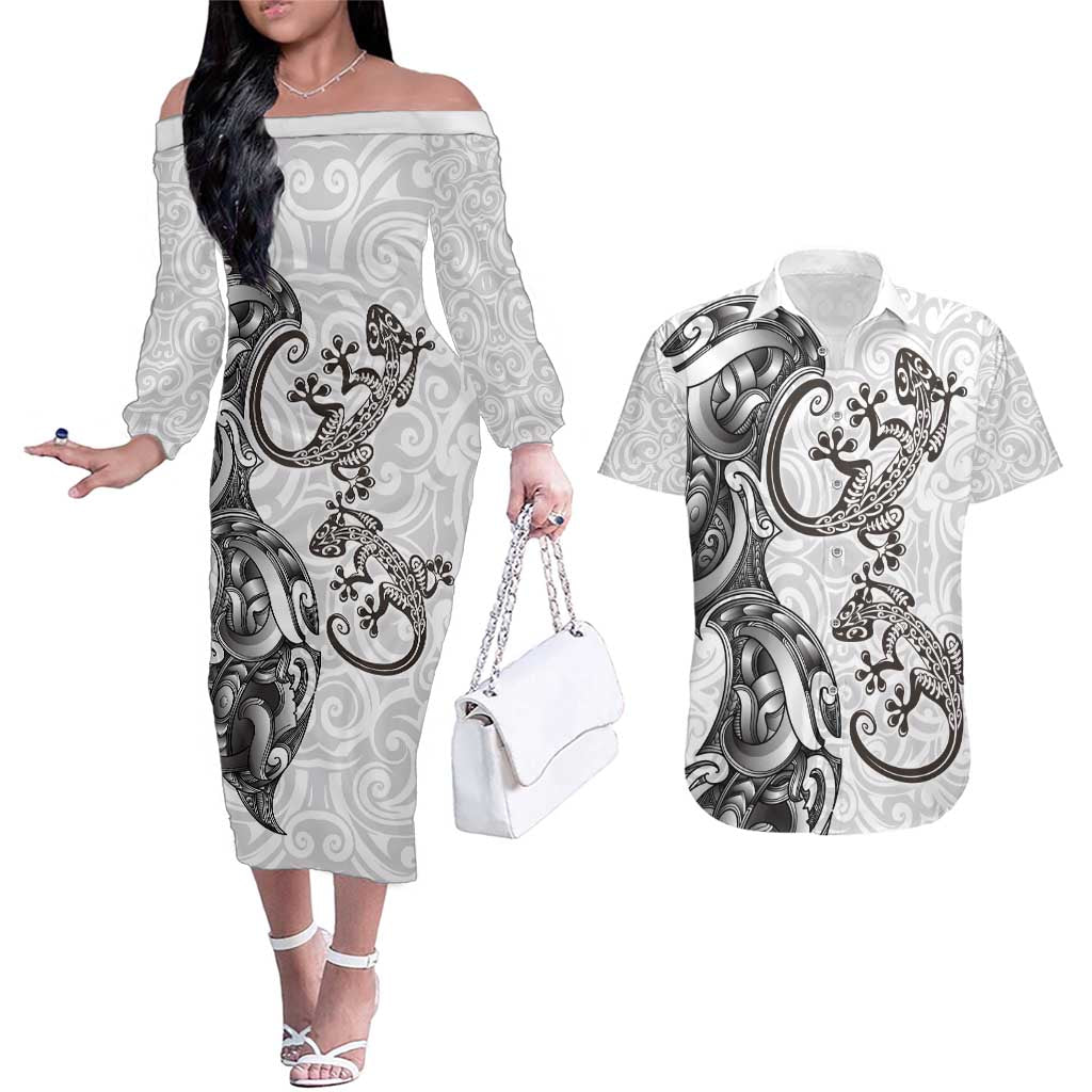 New Zealand Gecko Maori Art Tattoo Couples Matching Off The Shoulder Long Sleeve Dress and Hawaiian Shirt White Color LT03 White - Polynesian Pride