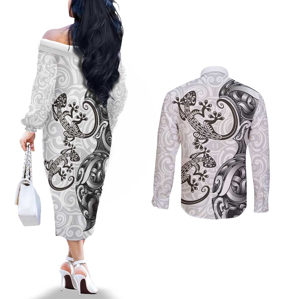 New Zealand Gecko Maori Art Tattoo Couples Matching Off The Shoulder Long Sleeve Dress and Long Sleeve Button Shirt White Color LT03 - Polynesian Pride