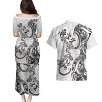 New Zealand Gecko Maori Art Tattoo Couples Matching Puletasi and Hawaiian Shirt White Color LT03 - Polynesian Pride