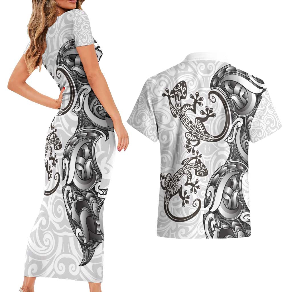 New Zealand Gecko Maori Art Tattoo Couples Matching Short Sleeve Bodycon Dress and Hawaiian Shirt White Color LT03 - Polynesian Pride