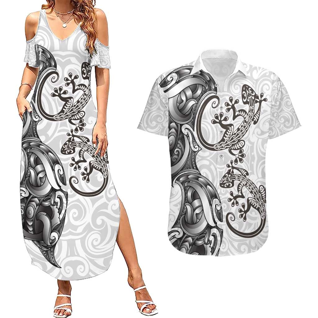 New Zealand Gecko Maori Art Tattoo Couples Matching Summer Maxi Dress and Hawaiian Shirt White Color LT03 White - Polynesian Pride