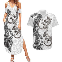 New Zealand Gecko Maori Art Tattoo Couples Matching Summer Maxi Dress and Hawaiian Shirt White Color LT03 White - Polynesian Pride