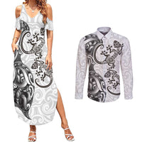 New Zealand Gecko Maori Art Tattoo Couples Matching Summer Maxi Dress and Long Sleeve Button Shirt White Color LT03 White - Polynesian Pride