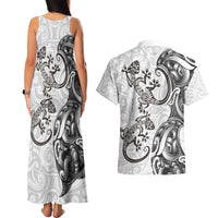 New Zealand Gecko Maori Art Tattoo Couples Matching Tank Maxi Dress and Hawaiian Shirt White Color LT03 - Polynesian Pride