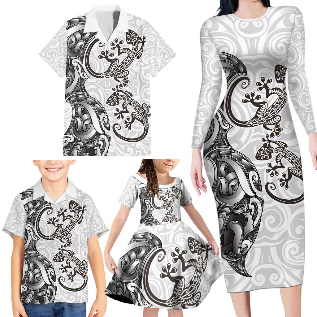 New Zealand Gecko Maori Art Tattoo Family Matching Long Sleeve Bodycon Dress and Hawaiian Shirt White Color LT03 - Polynesian Pride