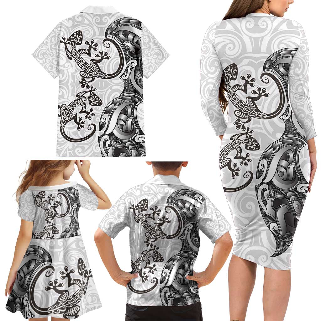 New Zealand Gecko Maori Art Tattoo Family Matching Long Sleeve Bodycon Dress and Hawaiian Shirt White Color LT03 - Polynesian Pride