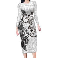 New Zealand Gecko Maori Art Tattoo Family Matching Long Sleeve Bodycon Dress and Hawaiian Shirt White Color LT03 Mom's Dress White - Polynesian Pride