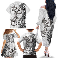 New Zealand Gecko Maori Art Tattoo Family Matching Off The Shoulder Long Sleeve Dress and Hawaiian Shirt White Color LT03 - Polynesian Pride