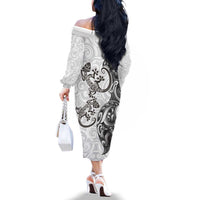 New Zealand Gecko Maori Art Tattoo Family Matching Off The Shoulder Long Sleeve Dress and Hawaiian Shirt White Color LT03 - Polynesian Pride