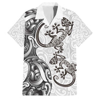 New Zealand Gecko Maori Art Tattoo Family Matching Off Shoulder Maxi Dress and Hawaiian Shirt White Color LT03 Dad's Shirt - Short Sleeve White - Polynesian Pride