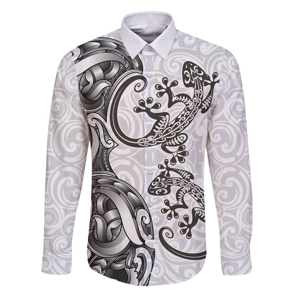 New Zealand Gecko Maori Art Tattoo Family Matching Off Shoulder Maxi Dress and Hawaiian Shirt White Color LT03 Dad's Shirt - Long Sleeve White - Polynesian Pride