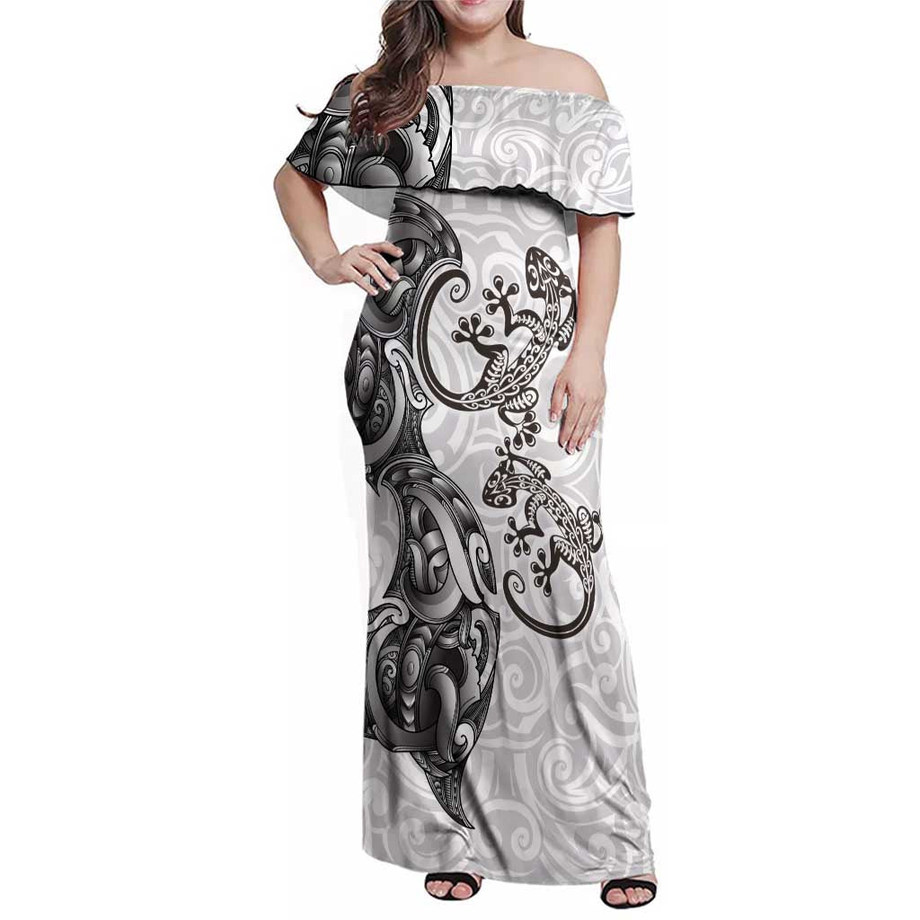New Zealand Gecko Maori Art Tattoo Family Matching Off Shoulder Maxi Dress and Hawaiian Shirt White Color LT03 Mom's Dress White - Polynesian Pride