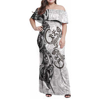New Zealand Gecko Maori Art Tattoo Family Matching Off Shoulder Maxi Dress and Hawaiian Shirt White Color LT03 Mom's Dress White - Polynesian Pride